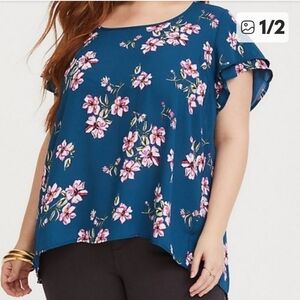 Torrid Blue Floral Flutter Sleeve Blouse Plus Size 1X
